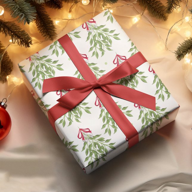 Papel de embrulho de Natal com bagas brancas de vi (Mistletoe holiday Christmas wrapping paper roll)