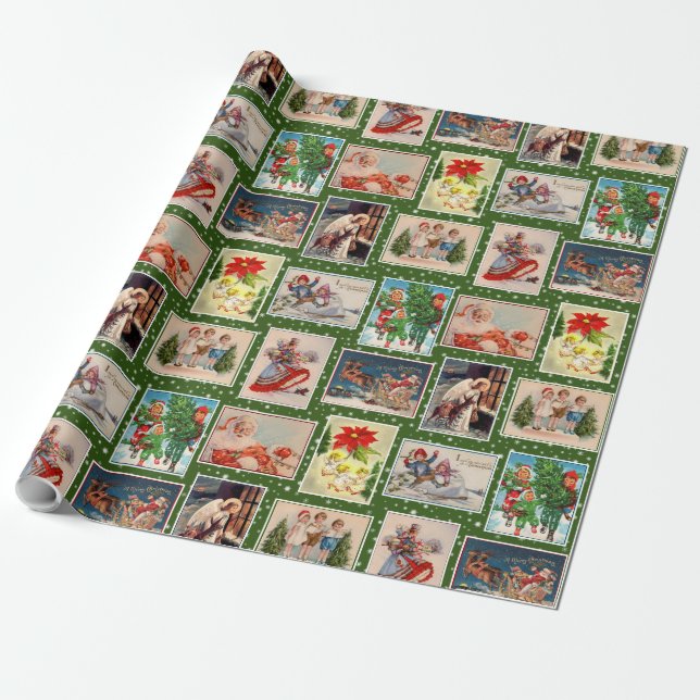 Papel de embrulho de Natal com cartão postal vinta (Desenrolado)