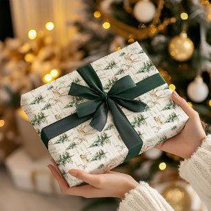 Papel de embrulho de Natal com cervos na floresta 