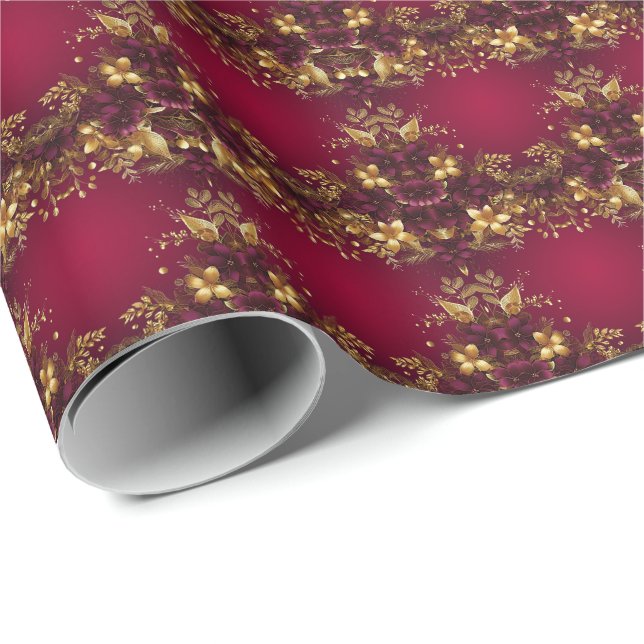Papel de embrulho de Natal com flores vermelhas bo (Ponta do rolo)