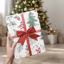 Papel de embrulho de Natal com folhagem em aquarel