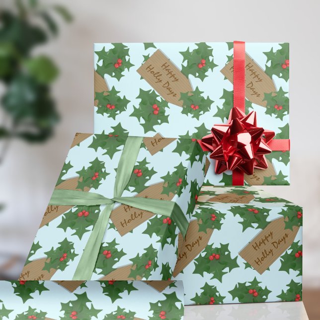 Papel de Embrulho de Natal com Frutas do Azevinho (Happy Holidays and happy holly days. You can change the text on this Christmas wrapping paper)