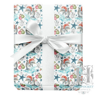 Papel de embrulho de Natal com golfinhos em branco