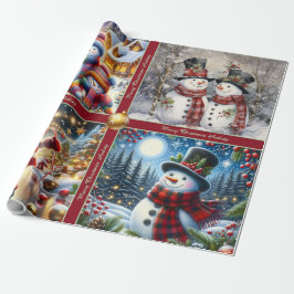 Papel de embrulho de Natal com homens de neve fofo