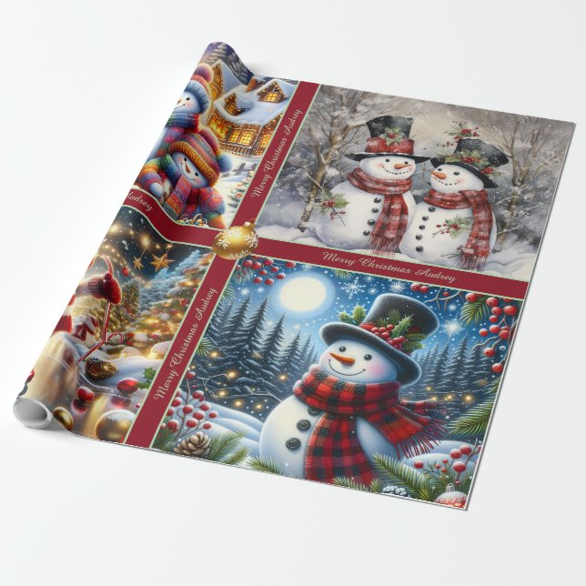 Papel de embrulho de Natal com homens de neve fofo (Desenrolado)