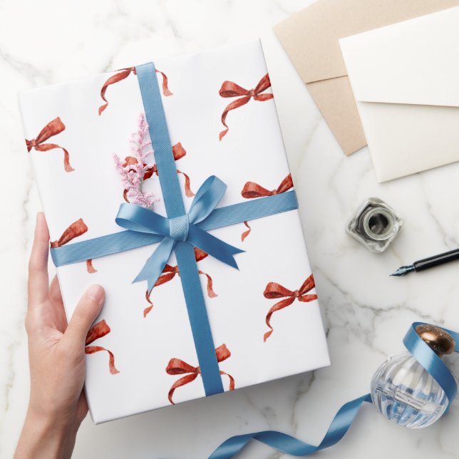 Papel de embrulho de Natal com laço vermelho aquar (Presentear)