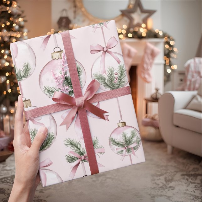 Papel de embrulho de Natal com ornamentos cor-de-r (Criador carregado)