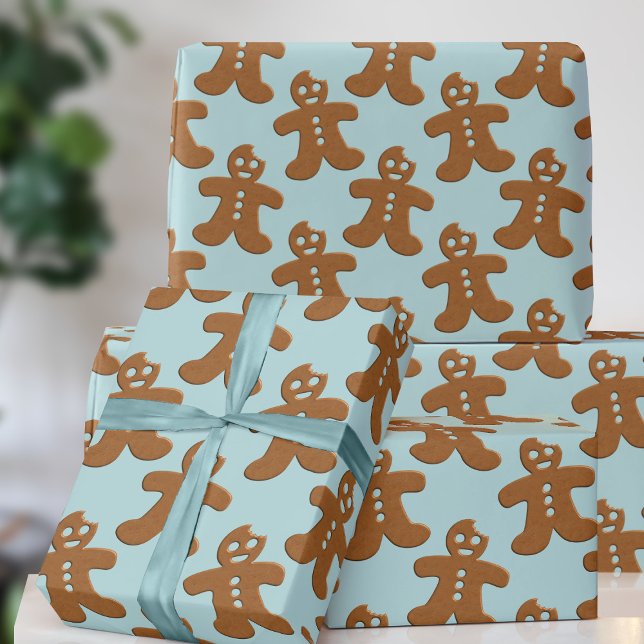 Papel de embrulho de Natal com padrão de homem de  (A fun and festive gingerbread cookie pattern on a robin egg blue. Not traditional but full of joy!)