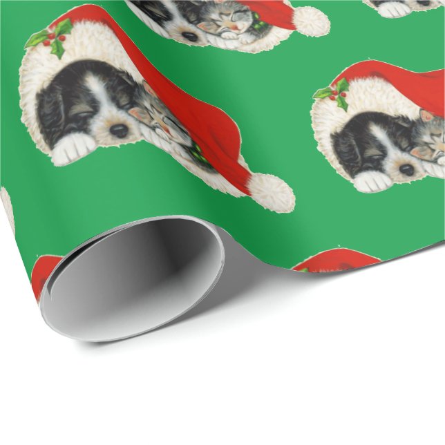 Papel de embrulho de Natal de cachorrinho e gatinh (Ponta do rolo)