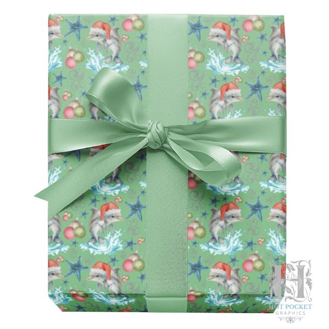 Papel de embrulho de Natal de golfinho em verde (Criador carregado)
