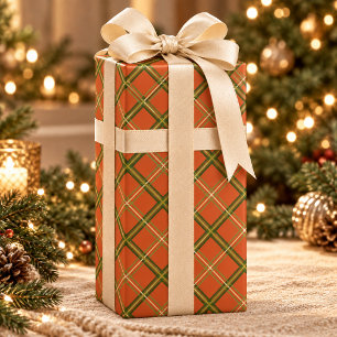 Papel de embrulho de Natal em xadrez laranja verde