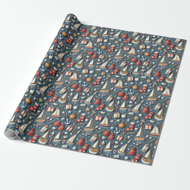 Papel de embrulho de Natal náutico  (Desenrolado)