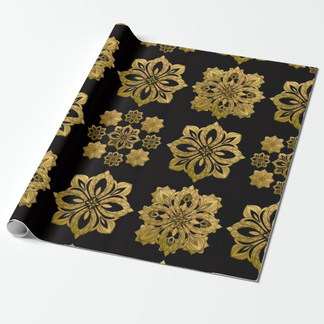 Papel de embrulho de Natal ornamentado preto e dou (Desenrolado)