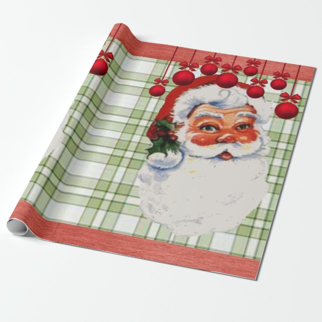Papel de embrulho de Natal Plaid Verde Papai Noel (Desenrolado)