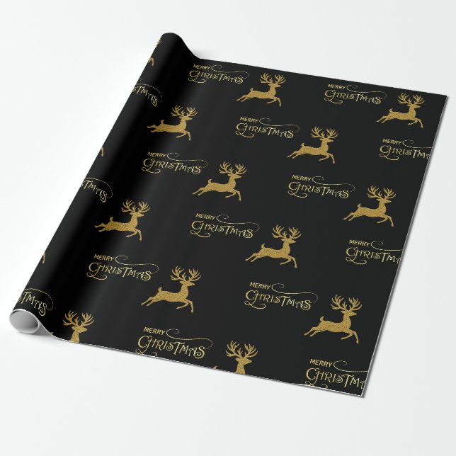 Papel de embrulho de Natal Reno Preto e Dourado (Desenrolado)