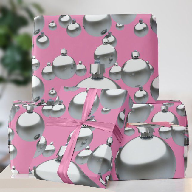 Papel de embrulho de Natal Rosa Quente enfeites de (A bold pink and silver Christmas Ornament pattern gift wrap just for you)