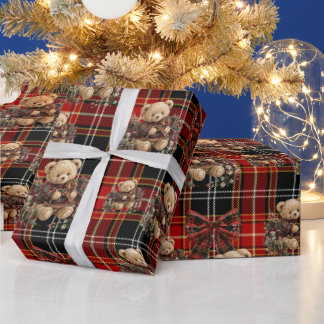Papel de embrulho de Natal Urso Teddy Xadrez Verme