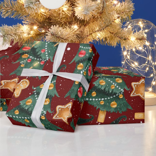 Papel de embrulho de Natal Vermelho com Árvores de (Feriados)