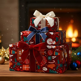 Papel de embrulho de Natal Vermelho com Ícone Fest