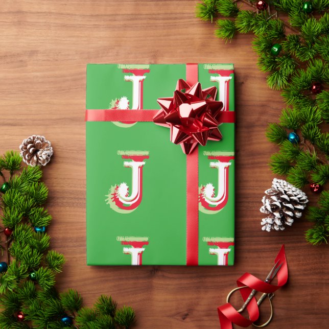 Papel de embrulho de Natal vermelho verde Monogram (Presente de Natal)