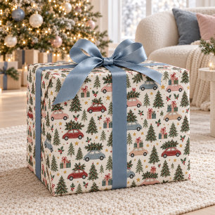 Papel de embrulho de Natal Vintage Carros e Árvore