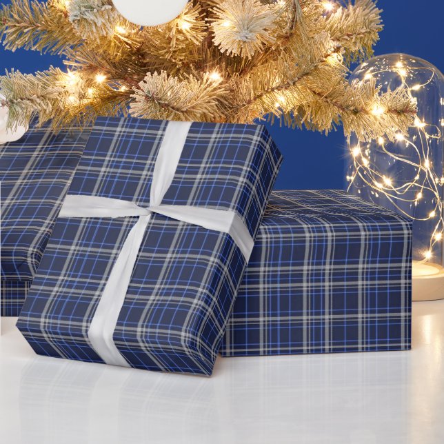 Papel de embrulho de Natal xadrez azul branco vint (Feriados)