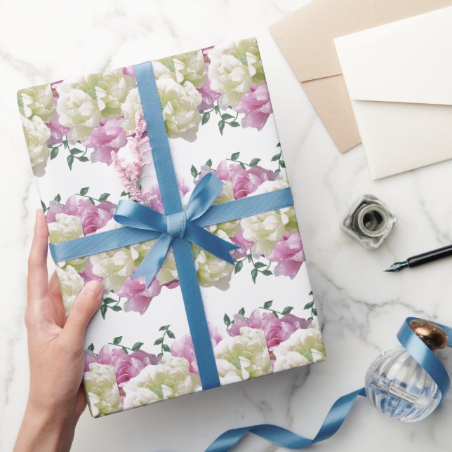 Papel de embrulho de peônia rosa e creme elegante (Presentear)