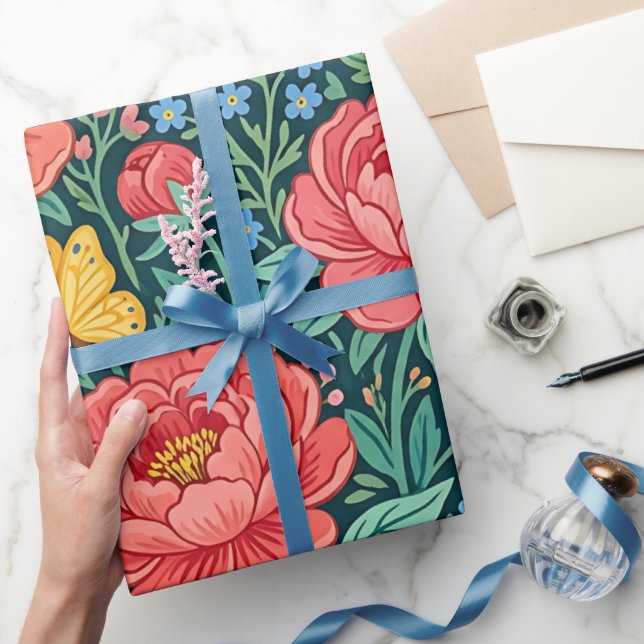 Papel de embrulho de peônias borboletas boho abstr (Presentear)