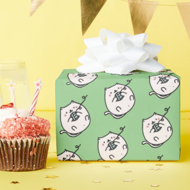 Papel de embrulho de presente com gato e fio de tr (Festa de aniversário)