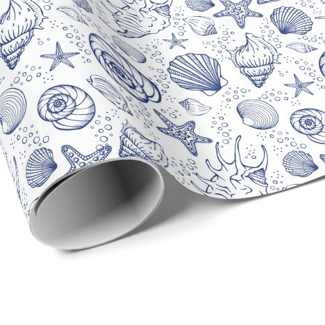 Papel de embrulho de presente conchas azuis e bran (Ponta do rolo)