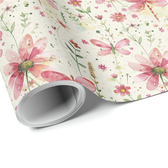 Papel de embrulho de presente de libélula floral r (Ponta do rolo)