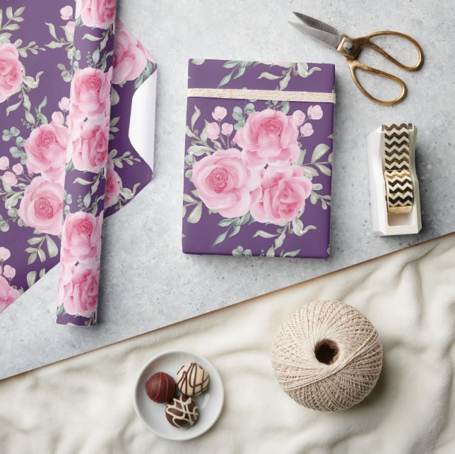 Papel de embrulho de rosas e folhas cor-de-rosa (Artesanato)