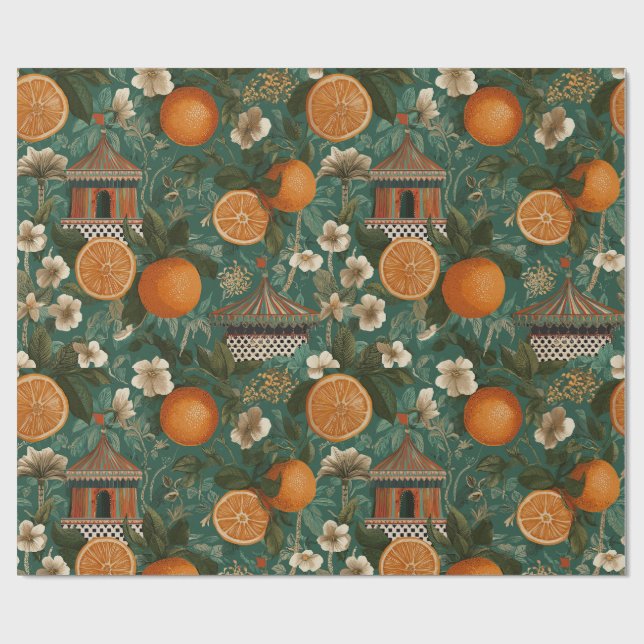 Papel de embrulho decorativo de laranjas florais (Aberto)
