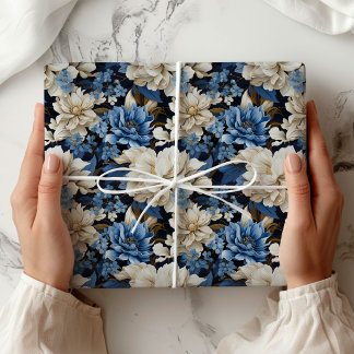 Papel de Embrulho Decorativo Floral Marfim Azul Mo