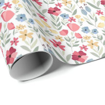 Papel de Embrulho - Design Floral Vermelho Azul Am