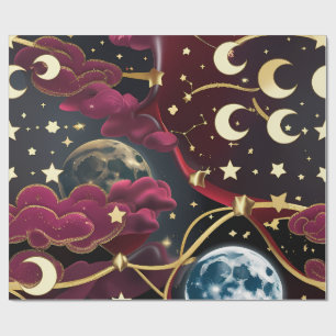 Papel de Embrulho - Design Lua Celestial Vermelha