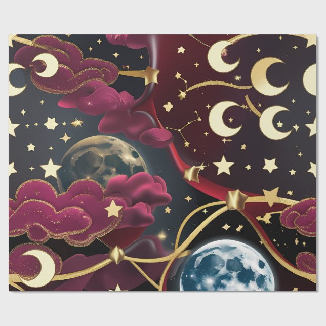 Papel de Embrulho - Design Lua Celestial Vermelha (Aberto)