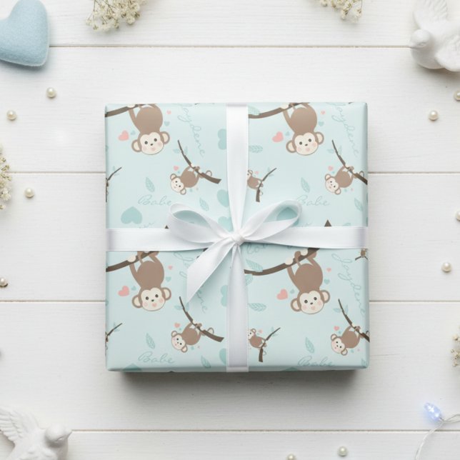 Papel de embrulho do macaco azul pastel do dia dos (Soft pastel blue cute monkeys for valentine, birthday or any gift.)