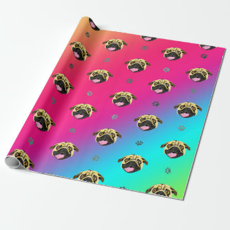 Papel de embrulho do Pug com Listras de Arco-íris