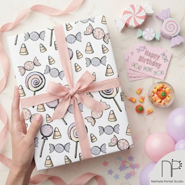 Papel de Embrulho Doce Pequeno (Hand-drawn ink lollipop candy corn pastel wrapping paper for baby shower birthday gift custom wrap)