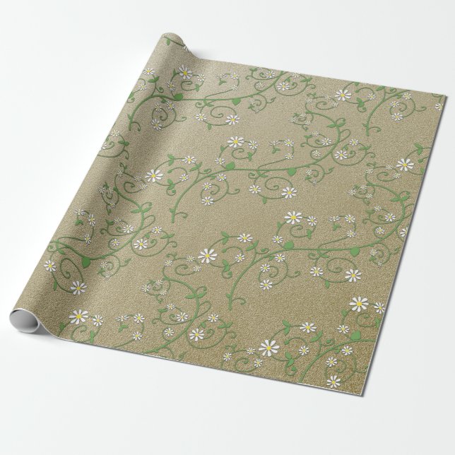 Papel de embrulho dourado com videira floral branc (Desenrolado)