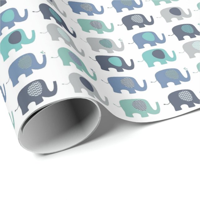 Papel de embrulho - Elefantes azul, verde e cinza (Ponta do rolo)