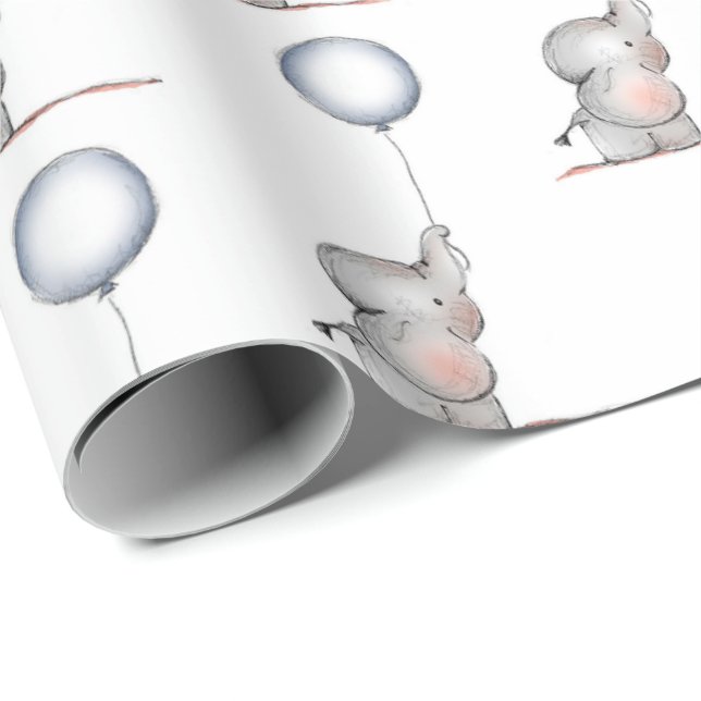 Papel de embrulho - Elefantes para bebês com balõe (Ponta do rolo)