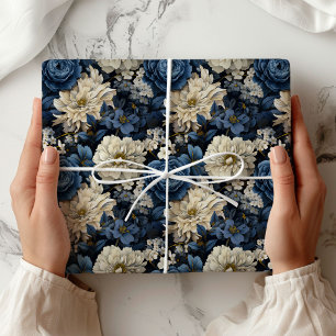 Papel de Embrulho Elegante Floral Marfim Azul Desi