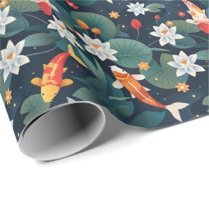 Papel de embrulho Elegante Koi e Nenúfar em Índigo