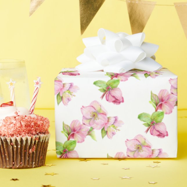 Papel de embrulho em rolo - Flor de Hellebore Rosa (Festa de aniversário)