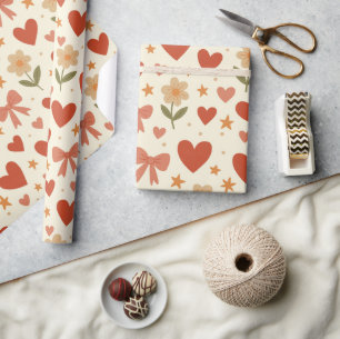 Papel de embrulho em rolo Flores Corações e Laços 