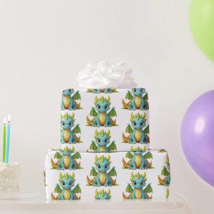 Papel de embrulho fantasia dragão bebê verde azul