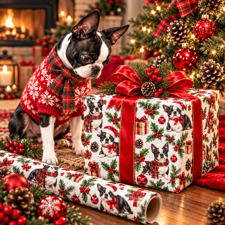 Papel de embrulho festivo de Natal com Boston Terr
