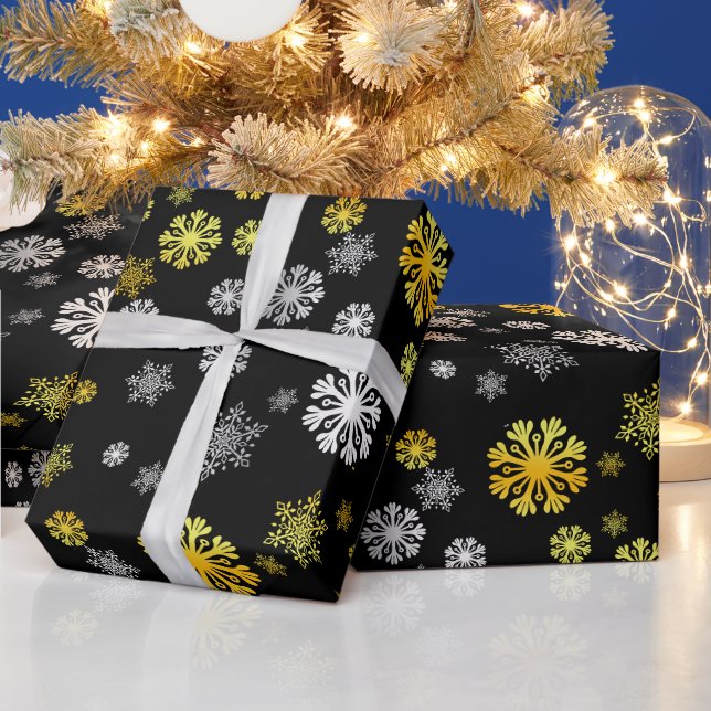 Papel de embrulho flocos de neve prateados em ouro (Feriados)